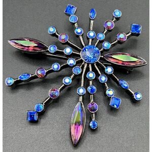 Givenchy Gunpowder Metal Blue/Purple Rhinestone Starburst Brooch